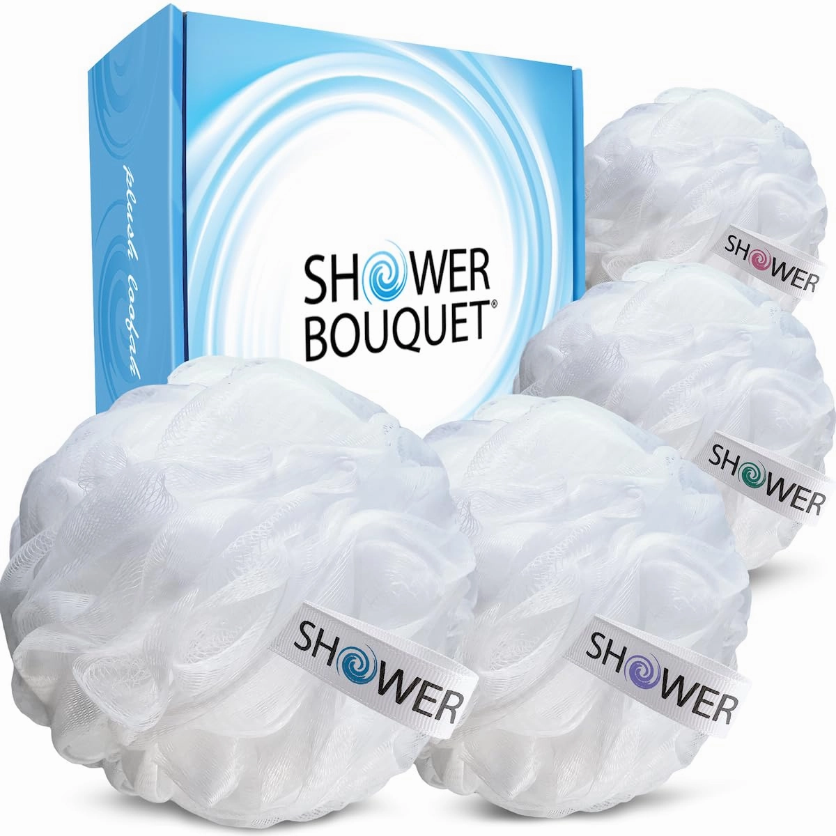 SHOWER BOUQUET Loofah Soft-White-Cloud XL Bath-Sponge 4-Pack // Extra Large 75g Mesh Loofa Lufa Pouf Set for Men and Women - Exfoliate with Big Gentle Cleanse Scrubber in Beauty Bathing Accessories