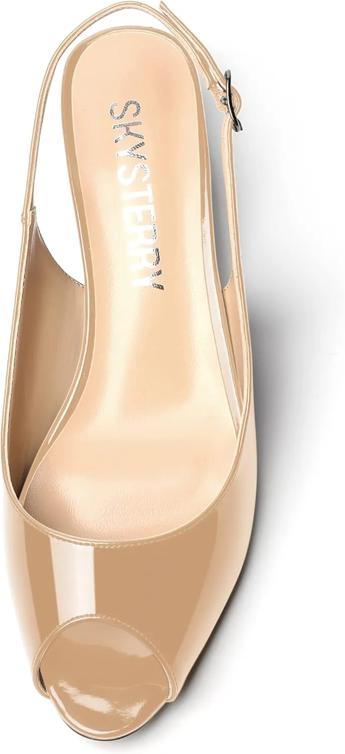 SKYSTERRY Womens Patent Slingback Buckle Peep Toe Wedding Cute Spool Low Heel Pumps Shoes 1.5 Inch