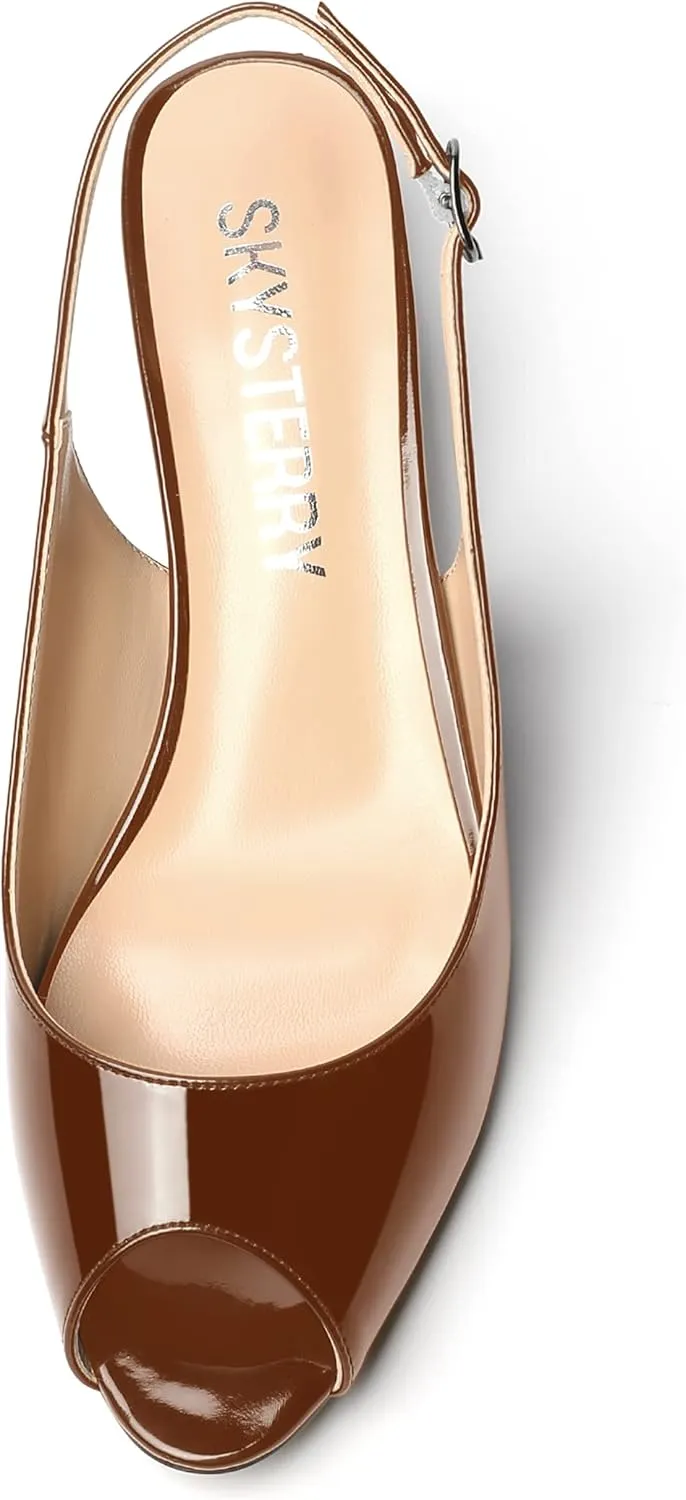 SKYSTERRY Womens Patent Slingback Buckle Peep Toe Wedding Cute Spool Low Heel Pumps Shoes 1.5 Inch