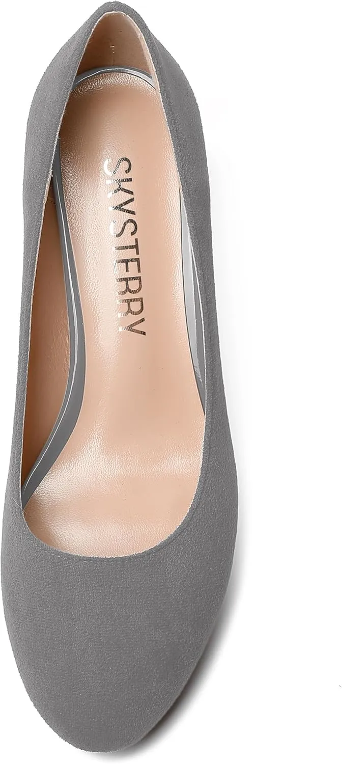 SKYSTERRY Womens Suede Slip On Round Toe Cute Evening Spool Mid Heel Pumps Shoes 2.5 Inch