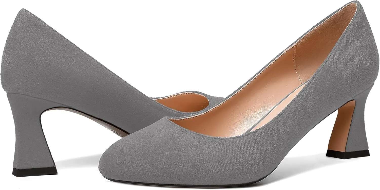 SKYSTERRY Womens Suede Slip On Round Toe Cute Evening Spool Mid Heel Pumps Shoes 2.5 Inch