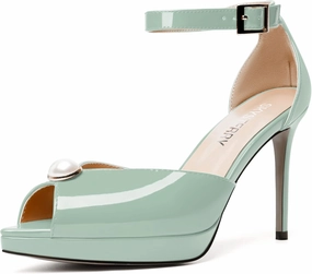 SKYSTERRY Womens Cute Peep Toe Platform Patent Ankle Strap Wedding Buckle Stiletto High Heel Pumps Shoes 4 Inch