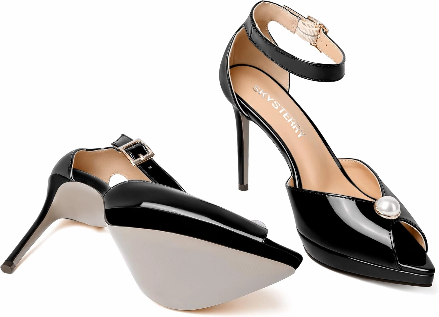 SKYSTERRY Womens Cute Peep Toe Platform Patent Ankle Strap Wedding Buckle Stiletto High Heel Pumps Shoes 4 Inch