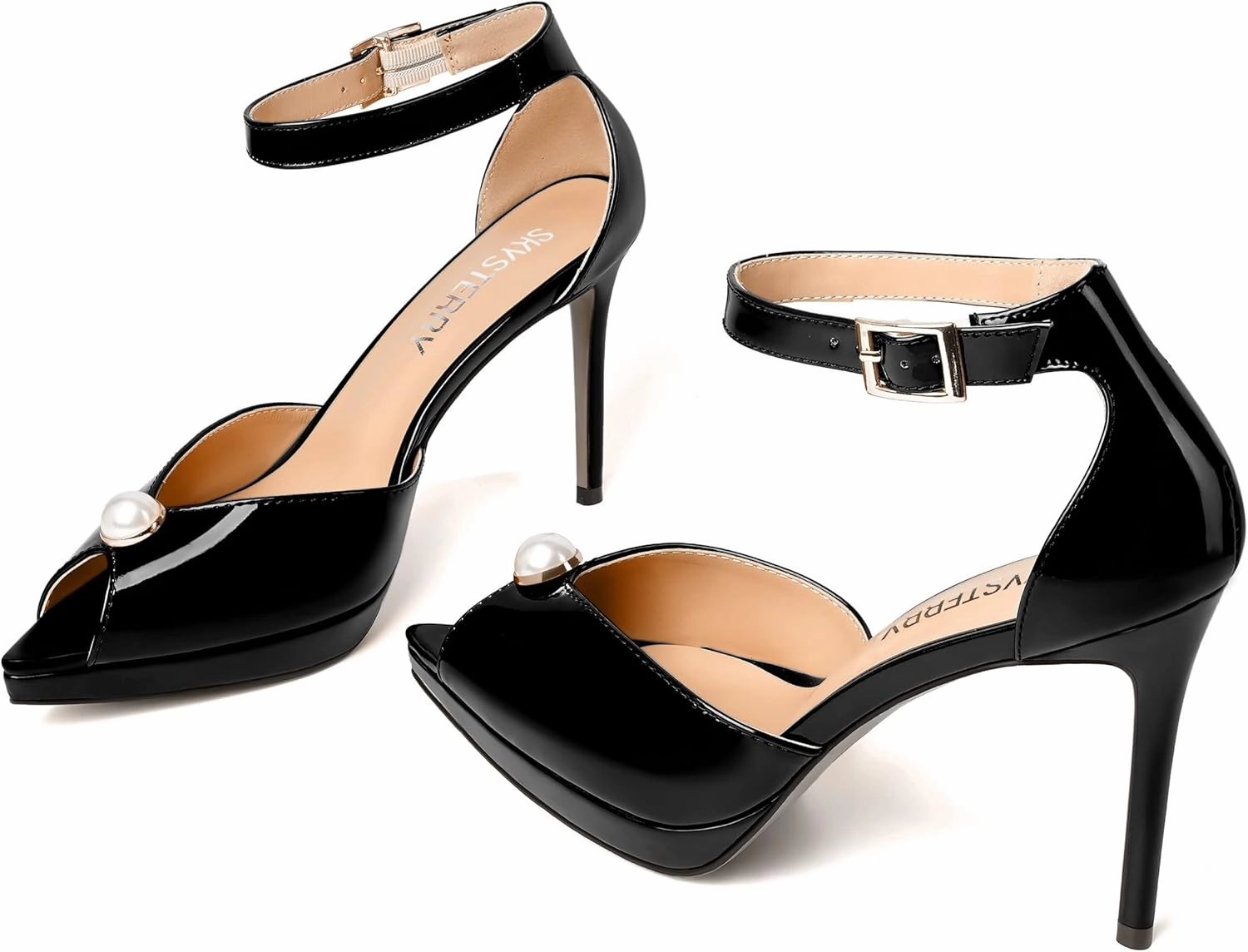 SKYSTERRY Womens Cute Peep Toe Platform Patent Ankle Strap Wedding Buckle Stiletto High Heel Pumps Shoes 4 Inch