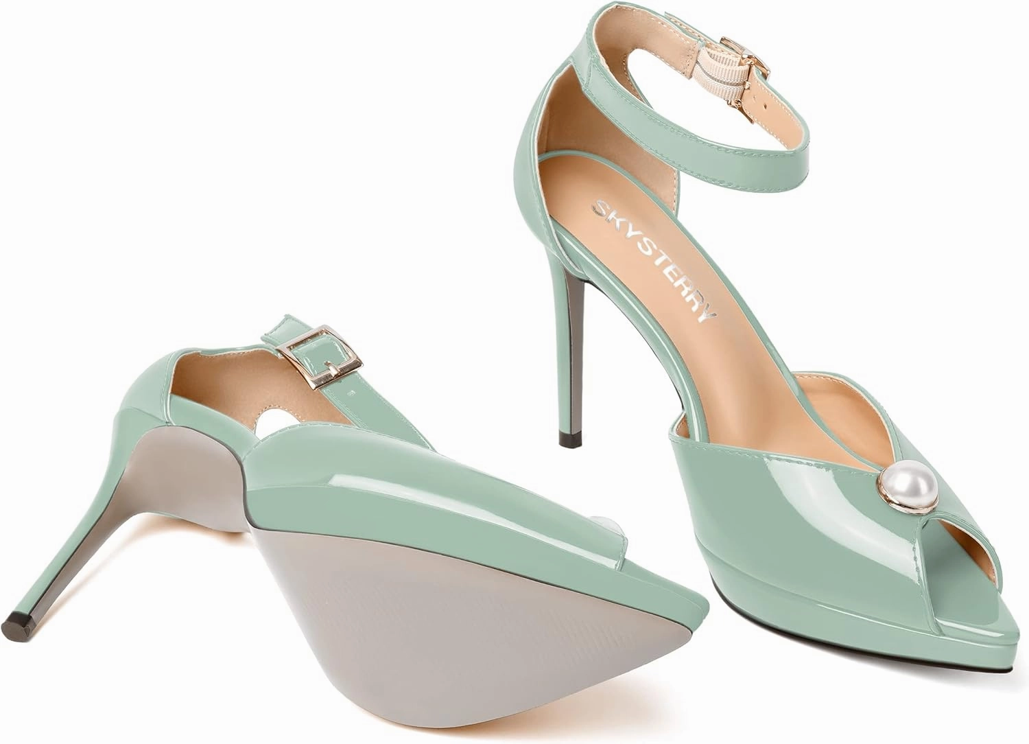 SKYSTERRY Womens Cute Peep Toe Platform Patent Ankle Strap Wedding Buckle Stiletto High Heel Pumps Shoes 4 Inch