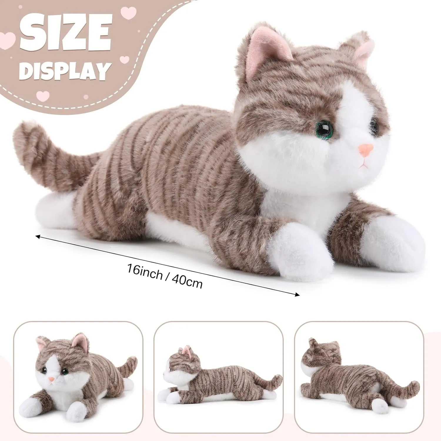 Sosation 16 Inch Cat Stuffed Animal Plush, Realistic Cat Toy Soft Plush Pillow, Cute Toy Gifts for Kids, Birthday Christmas Decoration Supplies(Grey)