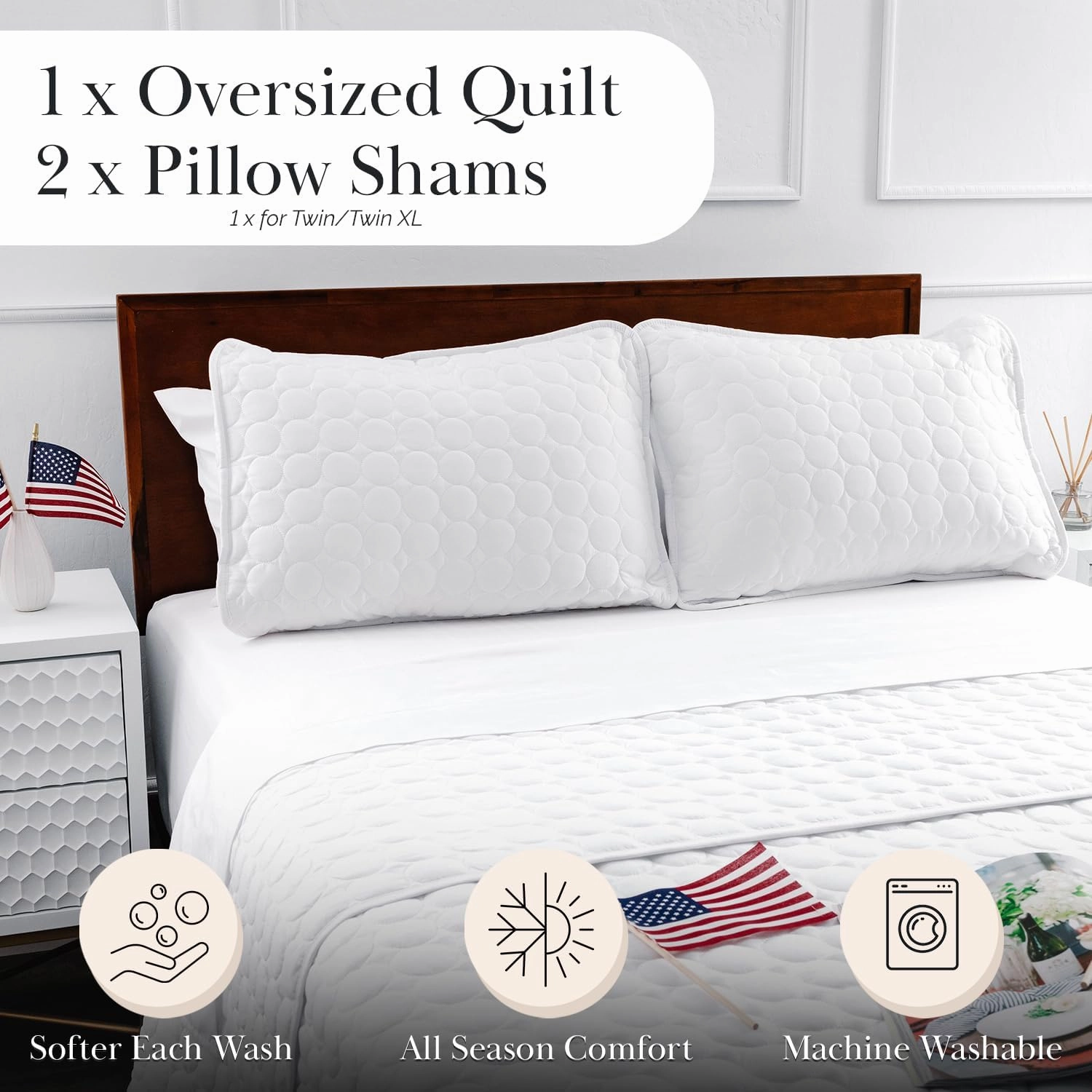Southshore Fine Living, Inc. King Size White Quilt Bedding Set with 2 Pillow Shams, Hotel Collection Circle-Stitch Design, Quilted Bedspread, California/King Quilt Coverlet, Bright White