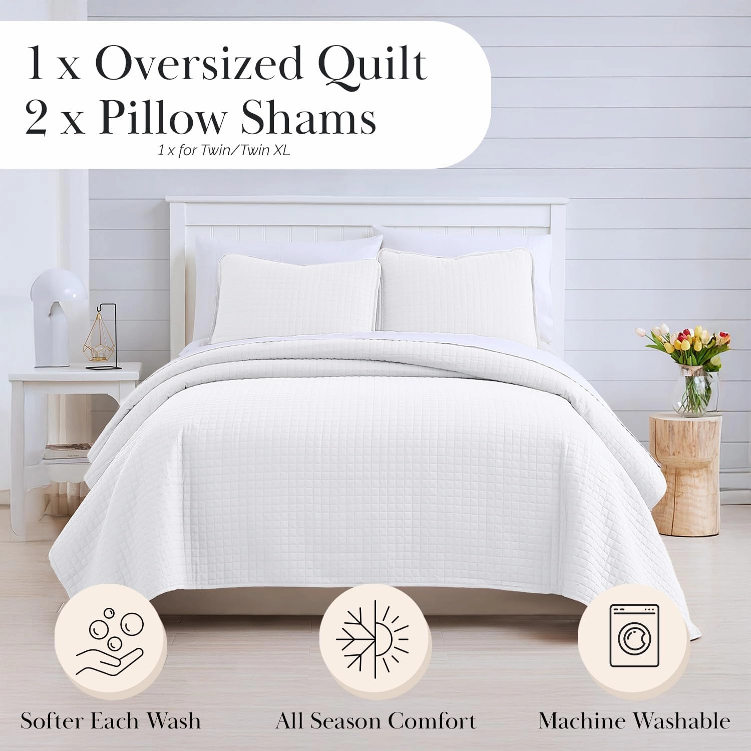 Southshore Fine Living, Inc. White Queen Quilt Bedding Set, Oversized Quilts Queen Size, Pet Hair Resistant Bedding, Coverlet Set with 2 Pillow Shams, Full Size Bedspread, Bright White