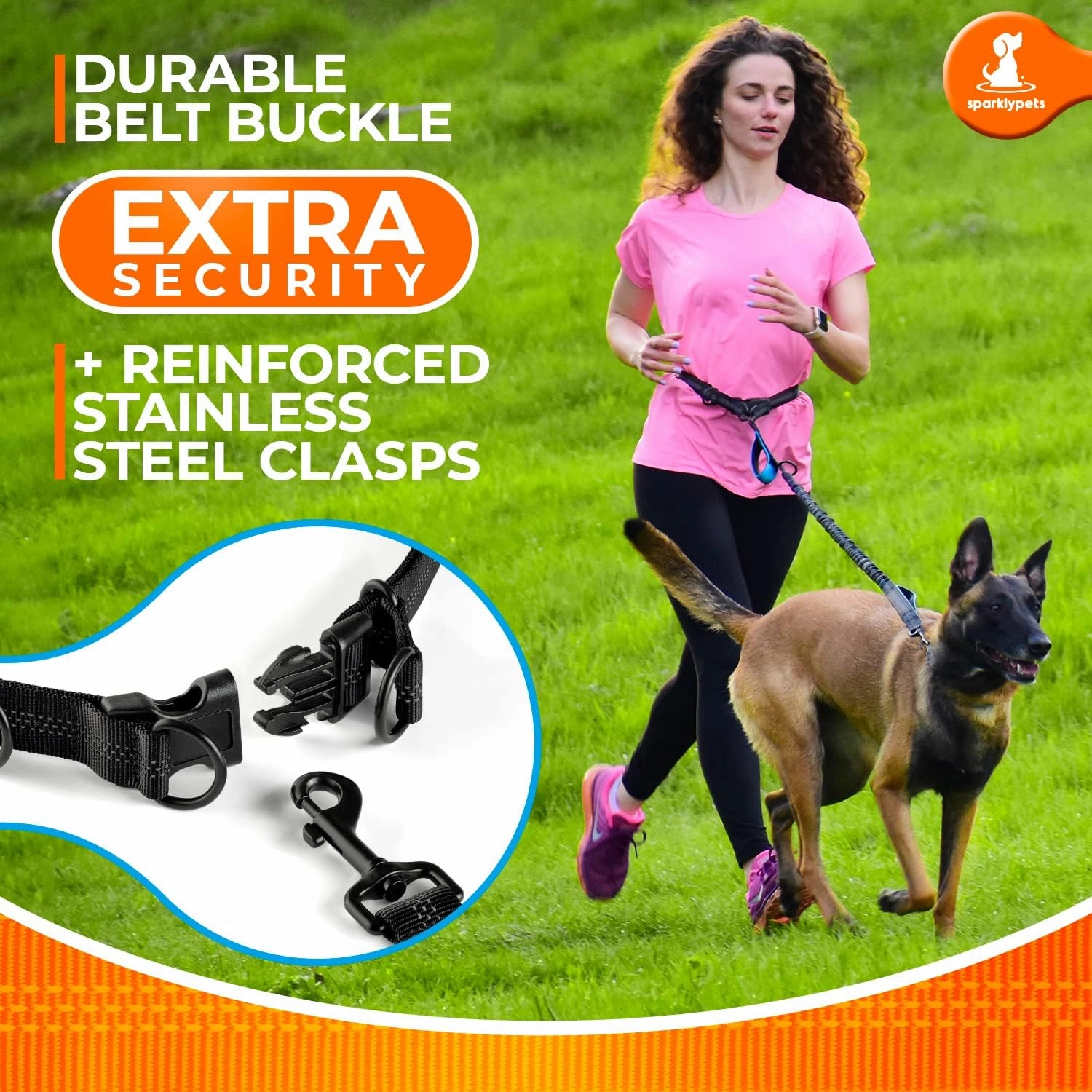 SparklyPets - Hands Free Dog Leash with Reflective Stitches - Waist Leash for Dog Walking, Hiking, Training, Jogging, Canicross, Running - for Medium & Large Breeds