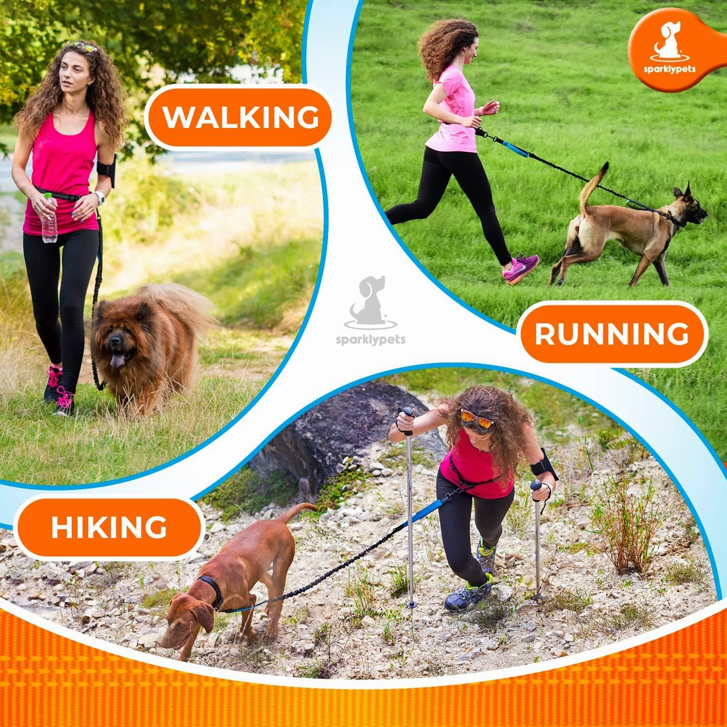 SparklyPets - Hands Free Dog Leash with Reflective Stitches - Waist Leash for Dog Walking, Hiking, Training, Jogging, Canicross, Running - for Medium & Large Breeds