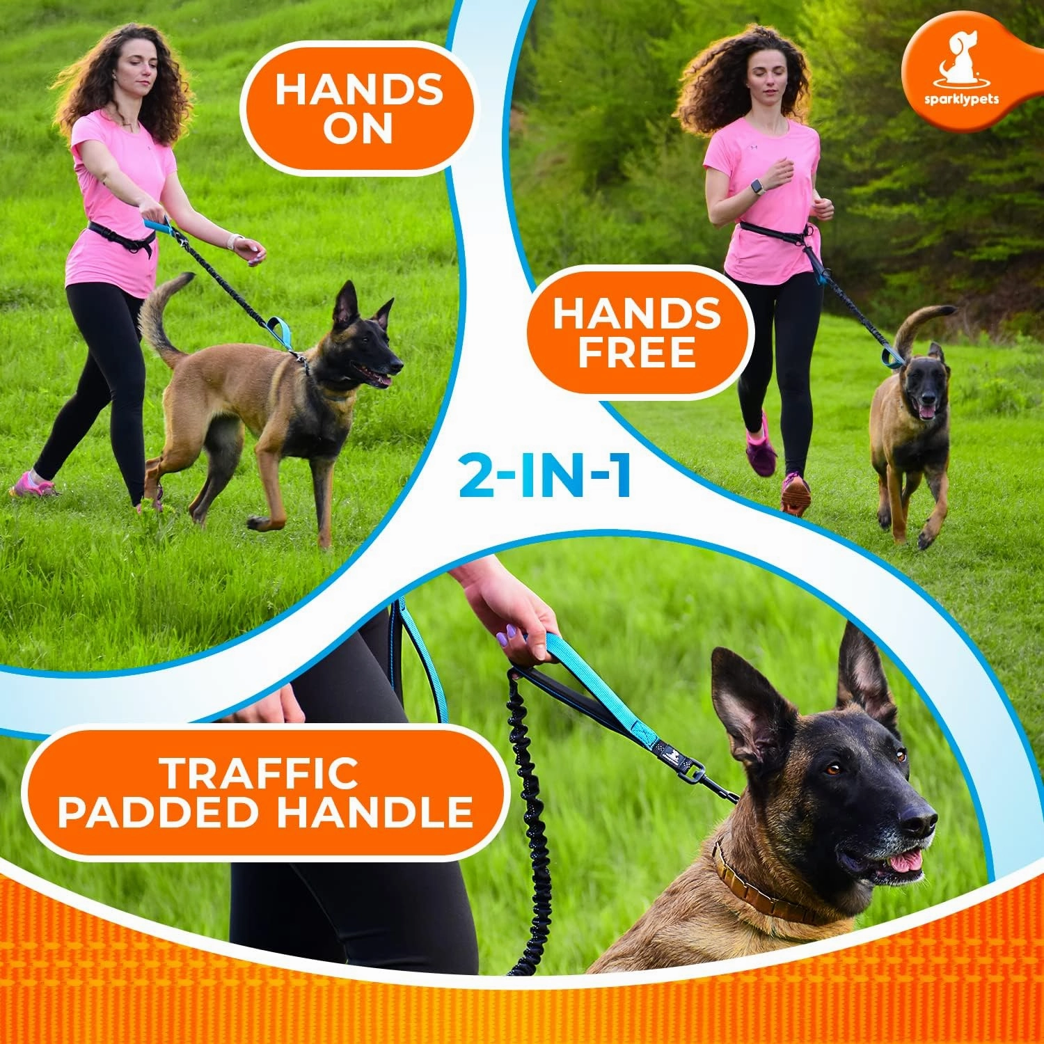 SparklyPets - Hands Free Dog Leash with Reflective Stitches - Waist Leash for Dog Walking, Hiking, Training, Jogging, Canicross, Running - for Medium & Large Breeds