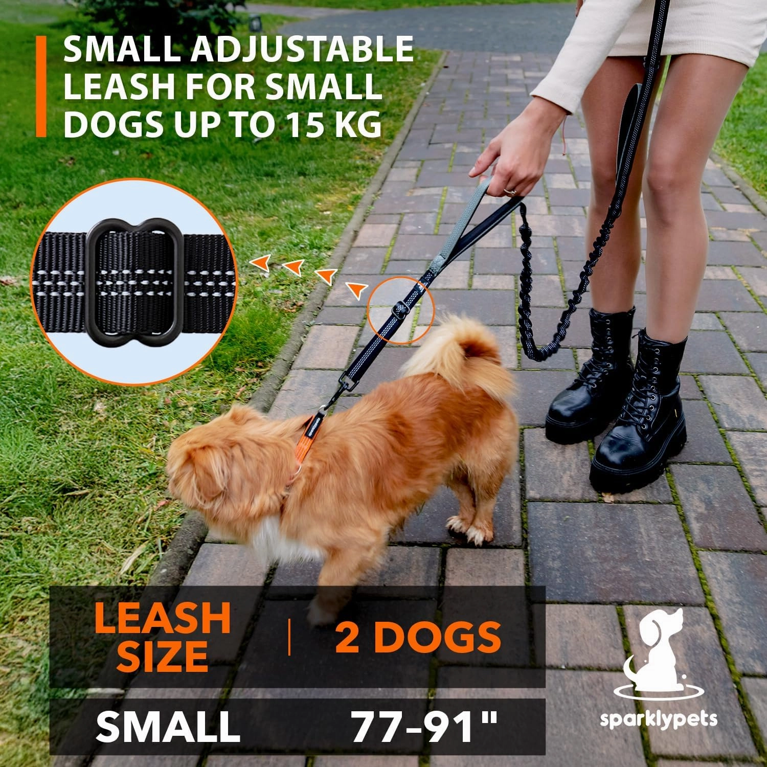 SparklyPets - Hands Free Double Dog Leash - Dual Dog Leash for 2 Small Dogs - with Padded Handles, Reflective Stitches - No Pull, Tangle Free, for Walking, Hiking, Canicross - for Small Dogs