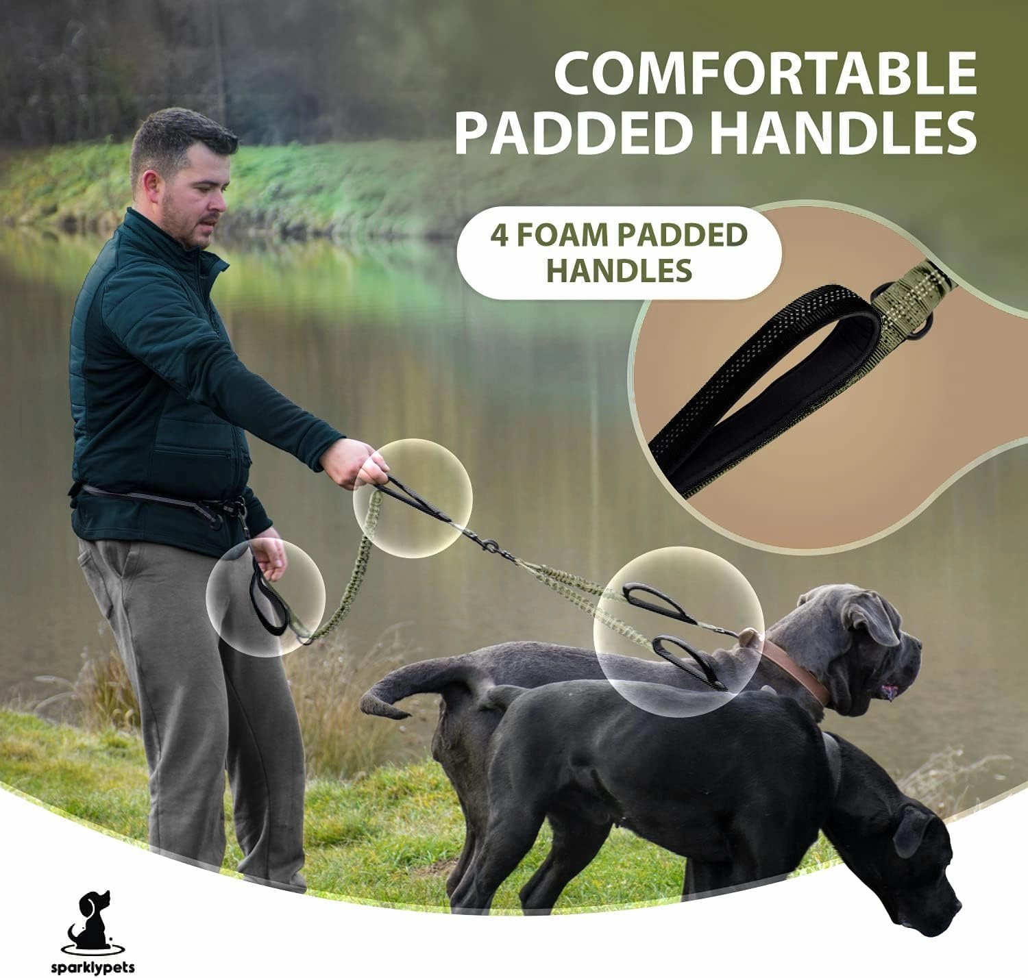 SparklyPets Hands Free Double Dog Leash – Dual Leash for Medium and Large Breeds – Lead for 2 Dogs with Padded Handles, Reflective Stitches, No Pull, Tangle Free (Green Range)