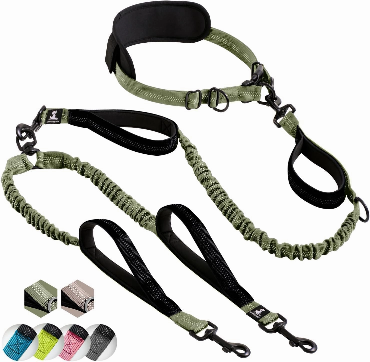 SparklyPets Hands Free Double Dog Leash – Dual Leash for Medium and Large Breeds – Lead for 2 Dogs with Padded Handles, Reflective Stitches, No Pull, Tangle Free (Green Range)
