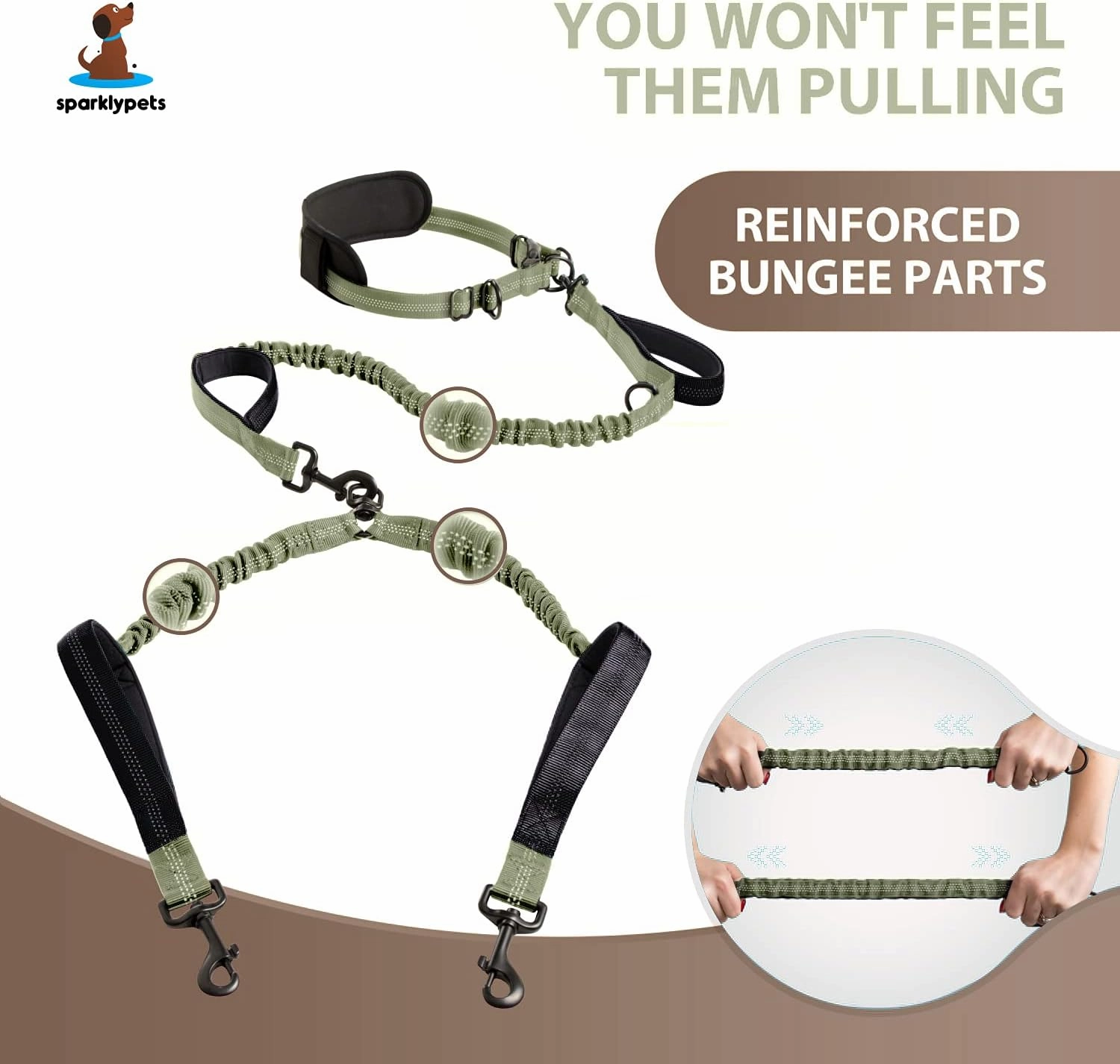 SparklyPets Hands Free Double Dog Leash – Dual Leash for Medium and Large Breeds – Lead for 2 Dogs with Padded Handles, Reflective Stitches, No Pull, Tangle Free (Green Range)