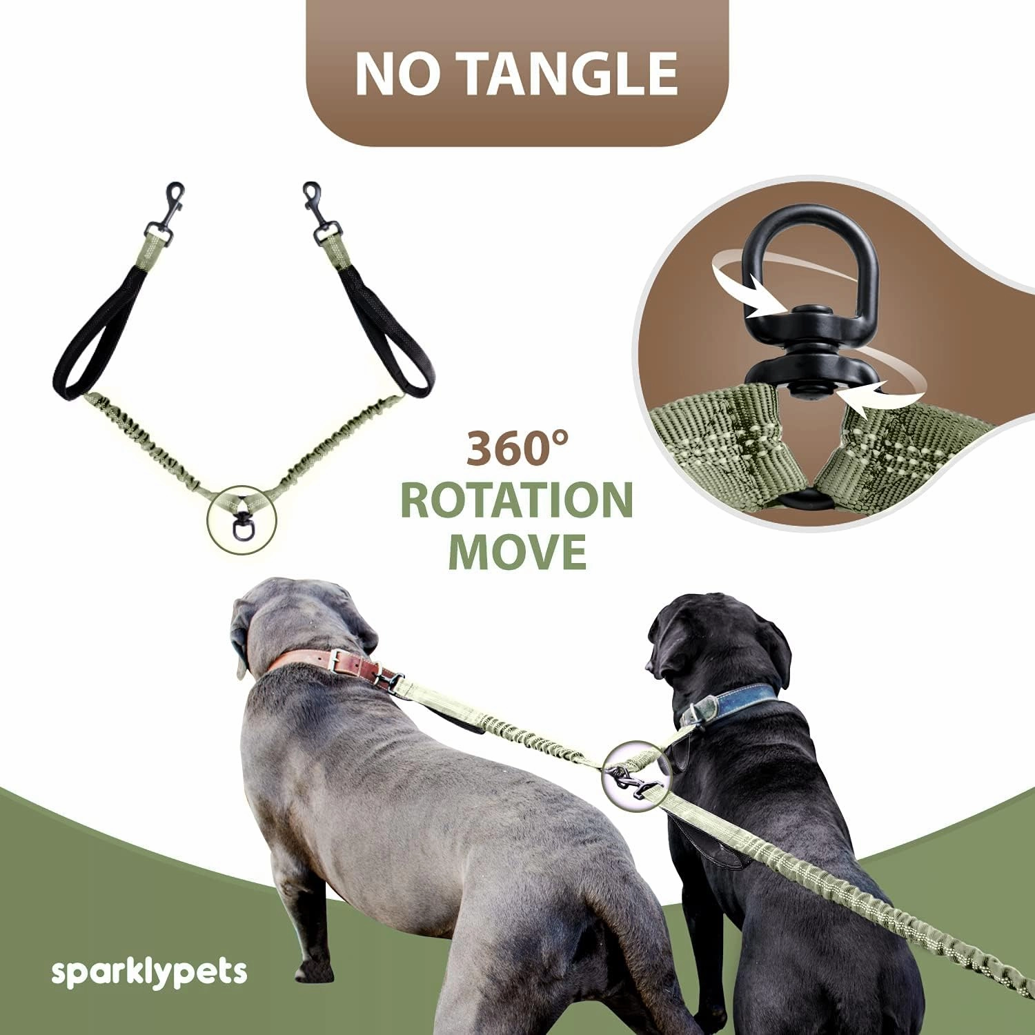 SparklyPets Hands Free Double Dog Leash – Dual Leash for Medium and Large Breeds – Lead for 2 Dogs with Padded Handles, Reflective Stitches, No Pull, Tangle Free (Green Range)