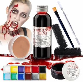Special Effects SFX Halloween Makeup Kit - Fake Blood   Coagulated Blood Gel   12 Colors Bruise Makeup Face Body Painting Palette with Brush   Scar Wax with Dual-ended Spatula Tool   Stipple Sponges