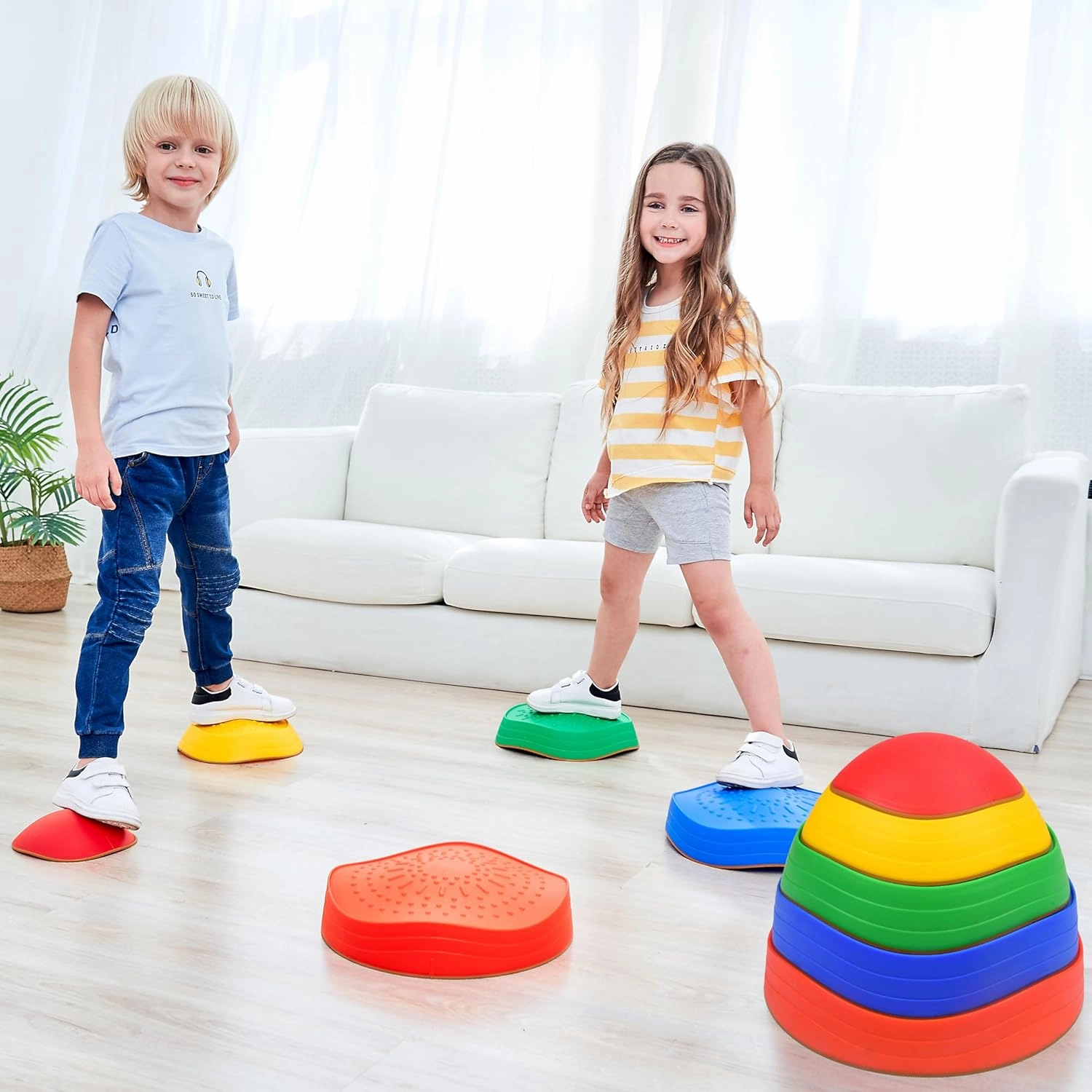 Special Supplies Stepping Stones for Kids, 5 Balance Indoor and Outdoor Blocks Promote Coordination, Balance, Strength, Child Safe Rubber, Non-Slip Edging, Stackable
