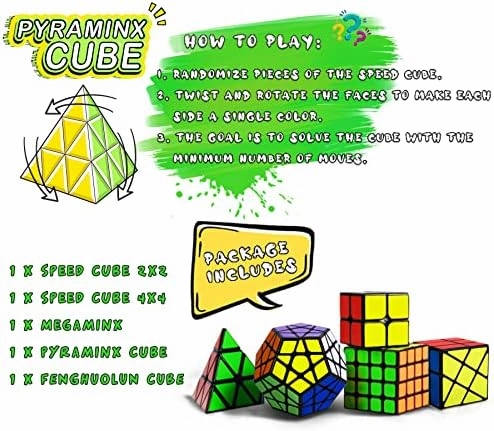 Speed Cube Set, Puzzle Cube, Magic Cube 2x2 4x4 Pyraminx Pyramid Megaminx Fenghuolun Puzzle Cube Toy Gift for Children Adults, Pack of 5