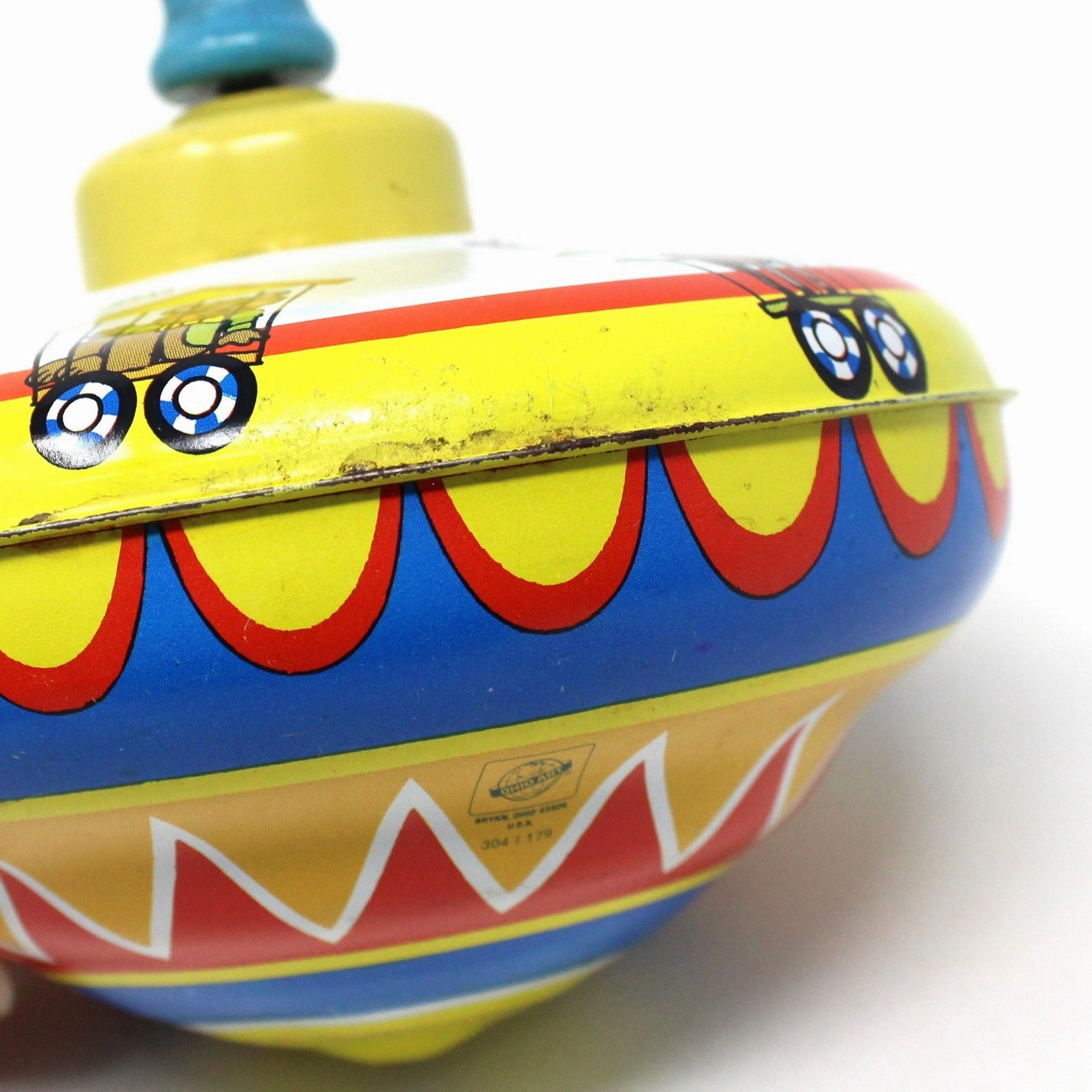Spinning Top, Ohio Art, Tin Toy, Zoo Animals Lithograph, Wood Handle, Vintage