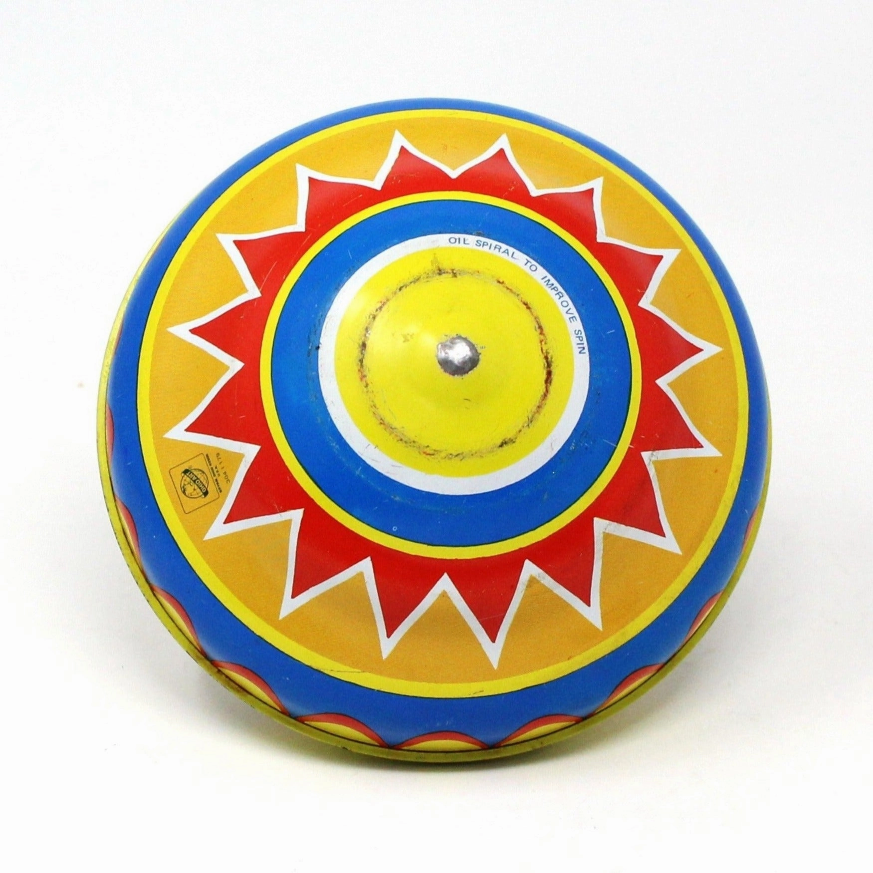 Spinning Top, Ohio Art, Tin Toy, Zoo Animals Lithograph, Wood Handle, Vintage
