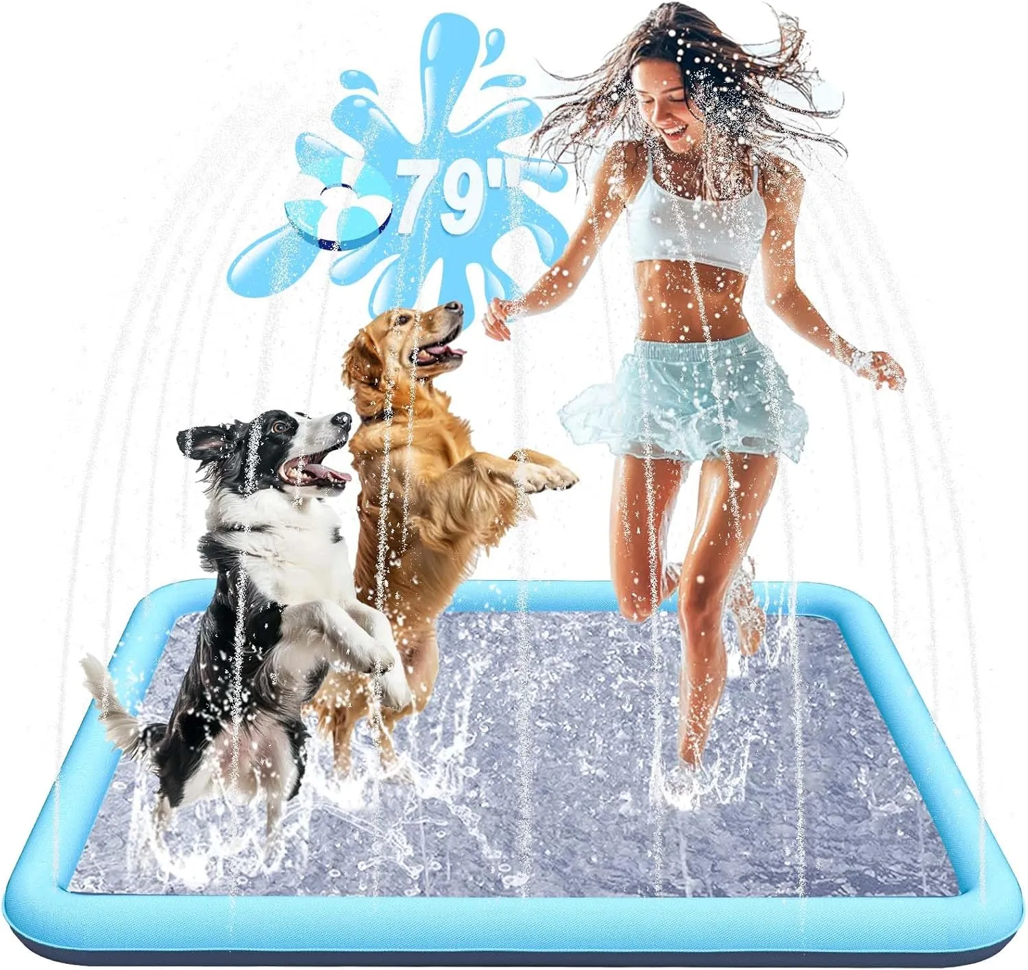 Splash Pad for Dogs, 79" Large Outdoor Non-Slip Sprinkler, Thicker Wading Pool Summer Water Toys, Blue