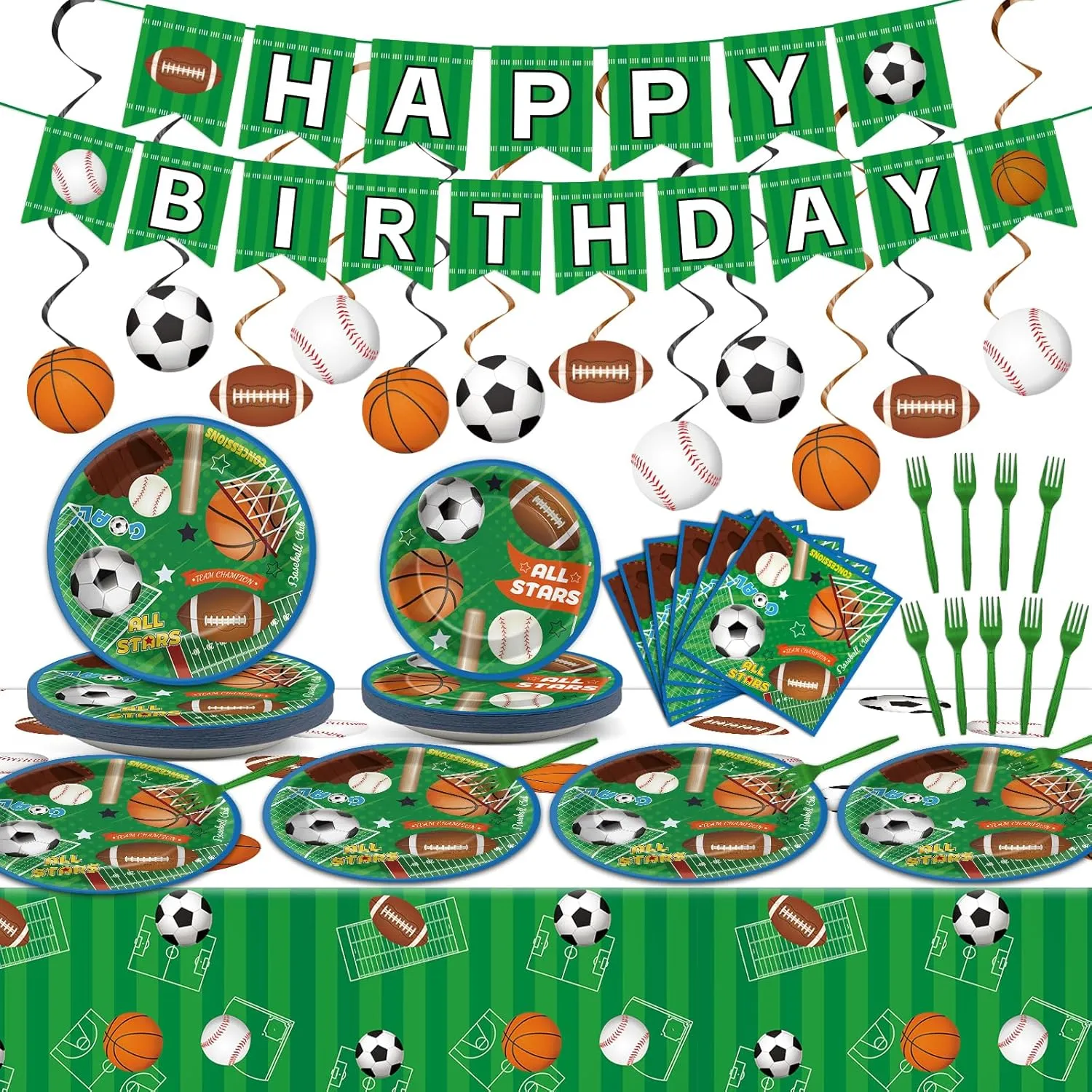Sports Party Tableware Superstar Party Tableware Set All Star Birthday Baseball Football Soccer Basketball Disposable Tablecloths for Birthday Sports Superstar Decoration Supplies Favors 24 Guests