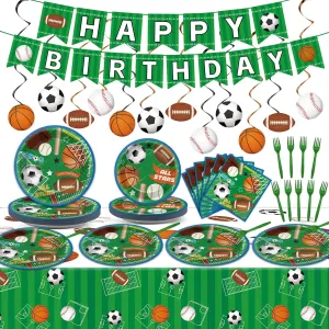Sports Party Tableware Superstar Party Tableware Set All Star Birthday Baseball Football Soccer Basketball Disposable Tablecloths for Birthday Sports Superstar Decoration Supplies Favors 24 Guests