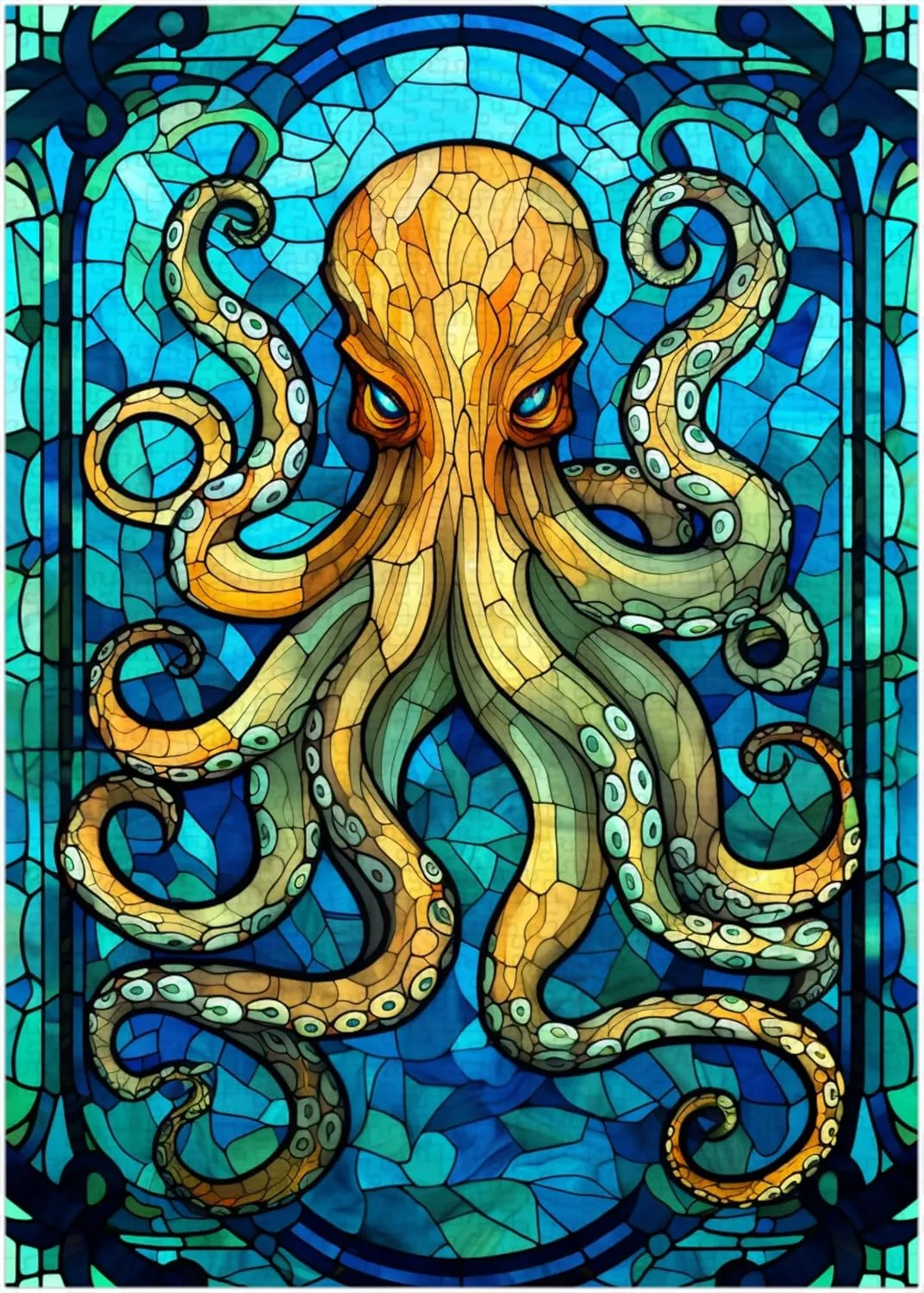 Stained Glass Octopus Jigsaw Puzzle 1000 Pieces for Adults - Octopus Puzzle Gift for Sea Creatures Lovers - 1000pc Vertical Puzzles (50x70cm / 19.685"x27.559")