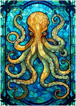 Stained Glass Octopus Jigsaw Puzzle 1000 Pieces for Adults - Octopus Puzzle Gift for Sea Creatures Lovers - 1000pc Vertical Puzzles (50x70cm / 19.685"x27.559")