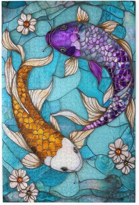 Stained Glass Fish Jigsaw Puzzle 1000 Piece,20x30 Inches Wooden Picture Jigsaw Puzzles for Adult Family Game