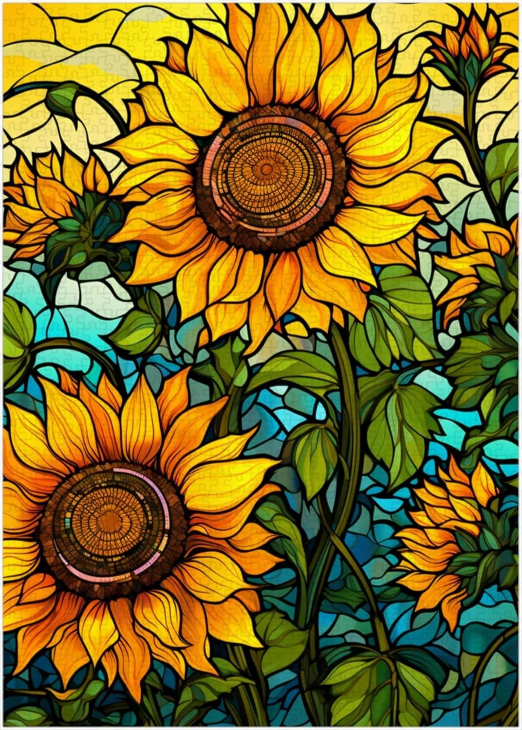Stained Glass Sunflowers Jigsaw Puzzle 1000 Pieces for Adults - Floral Puzzle Gift for Sunflower Lovers - 1000pc Vertical Puzzles (50x70cm / 19.685"x27.559")