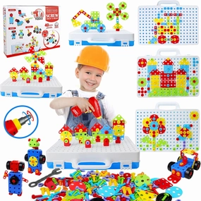 STEM Toys for 3 5 7 Year Old Boys Kids, 232 Pcs Kids Drill Set Building Blocks, DIY Educational Construction Engineering Toys, Creative Mosaic Electric Drill Set Gift for Kid Boys Girls Age 3-8 Years