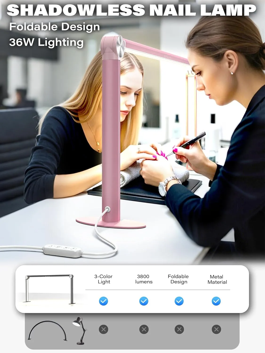 STOLAS Half Moon Light for Nail Desk with Phone Holder, 14 inch Height 3 Modes 3000K-6000K Dimmable LED Light, Desk Lamp for Nail Tech (Pink)