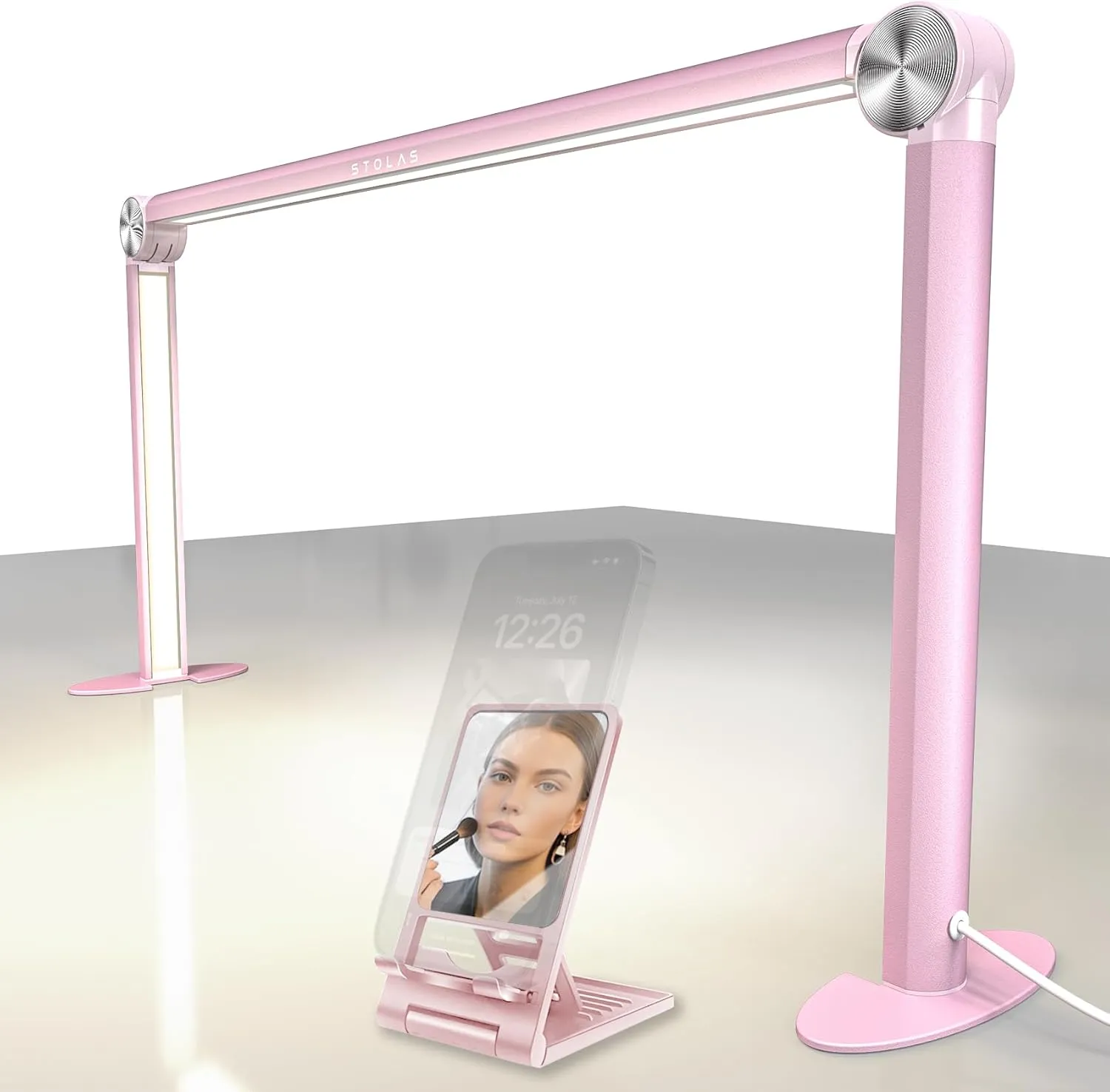 STOLAS Half Moon Light for Nail Desk with Phone Holder, 14 inch Height 3 Modes 3000K-6000K Dimmable LED Light, Desk Lamp for Nail Tech (Pink)