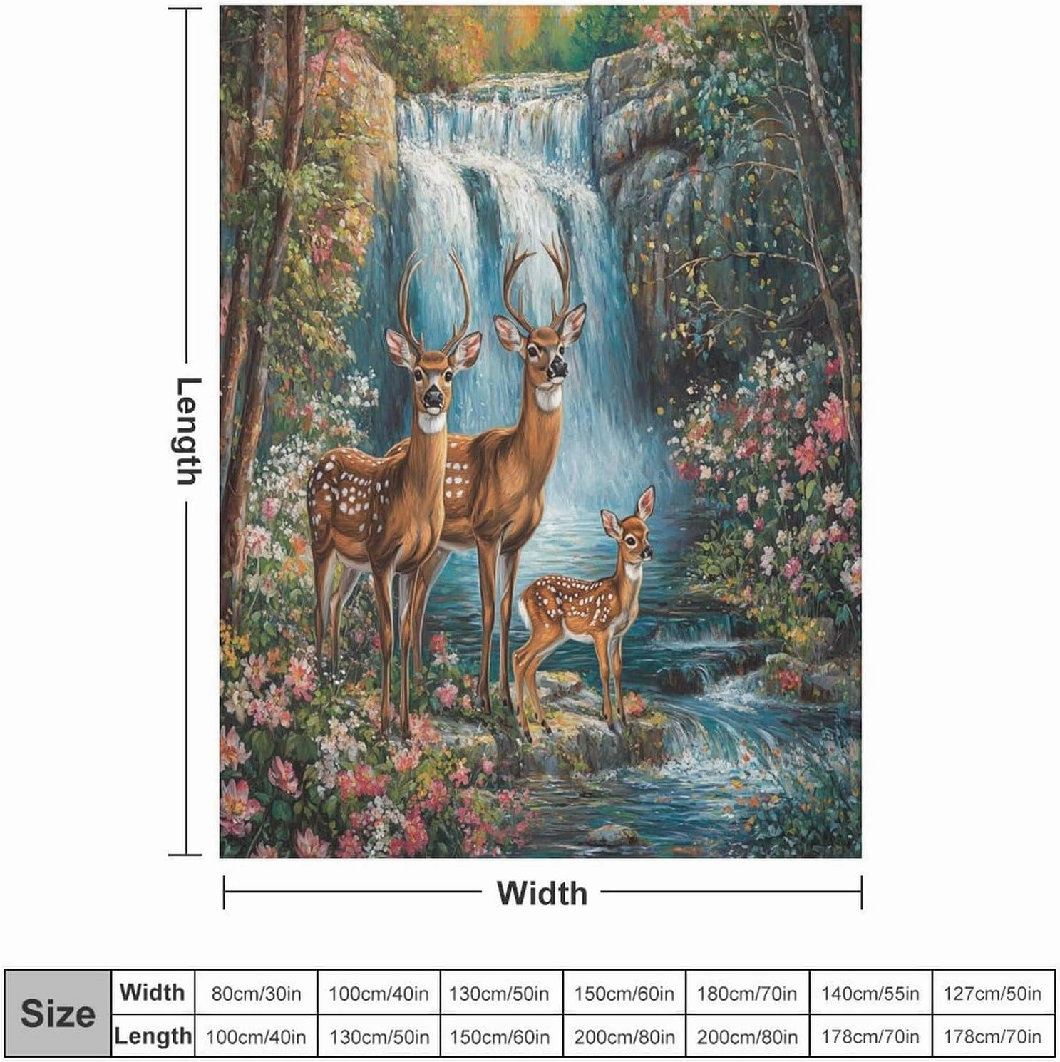 Stream Jungle Deer Flannel Throw Blanket, Soft Cozy Warm Fleece Mountain Waterfall Scenery Blanket for Couch Sofa Bed, 60x80 Inch