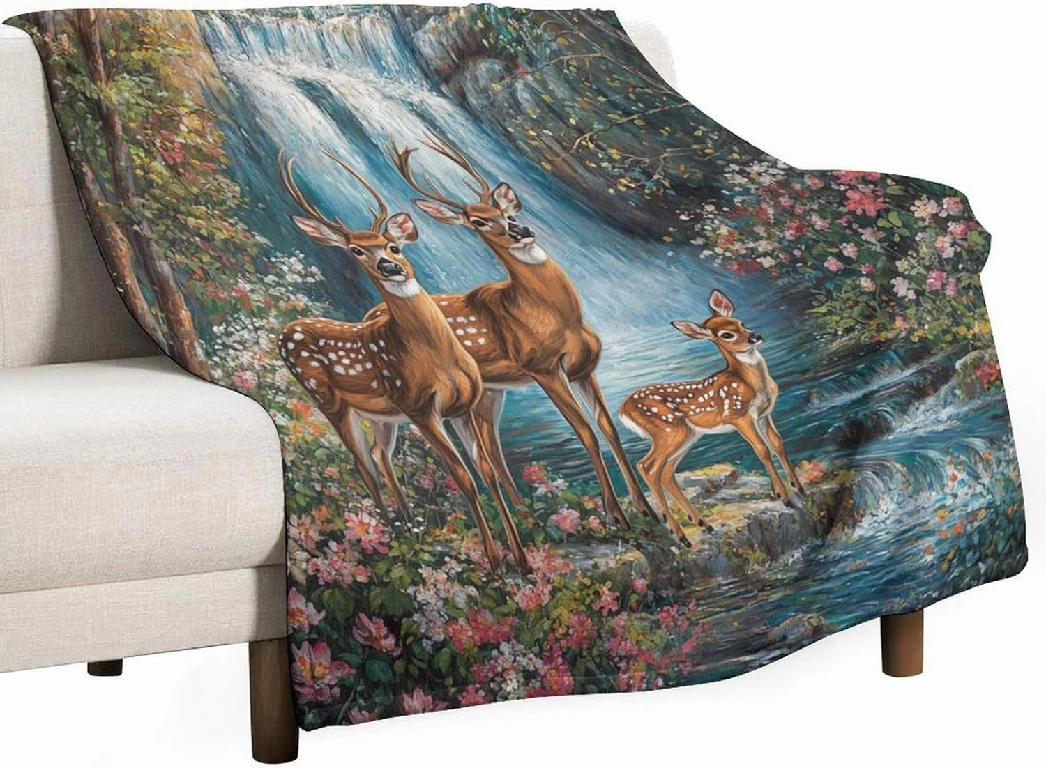 Stream Jungle Deer Flannel Throw Blanket, Soft Cozy Warm Fleece Mountain Waterfall Scenery Blanket for Couch Sofa Bed, 60x80 Inch