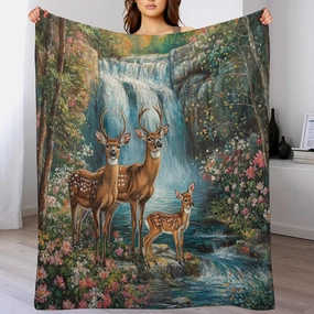 Stream Jungle Deer Flannel Throw Blanket, Soft Cozy Warm Fleece Mountain Waterfall Scenery Blanket for Couch Sofa Bed, 60x80 Inch