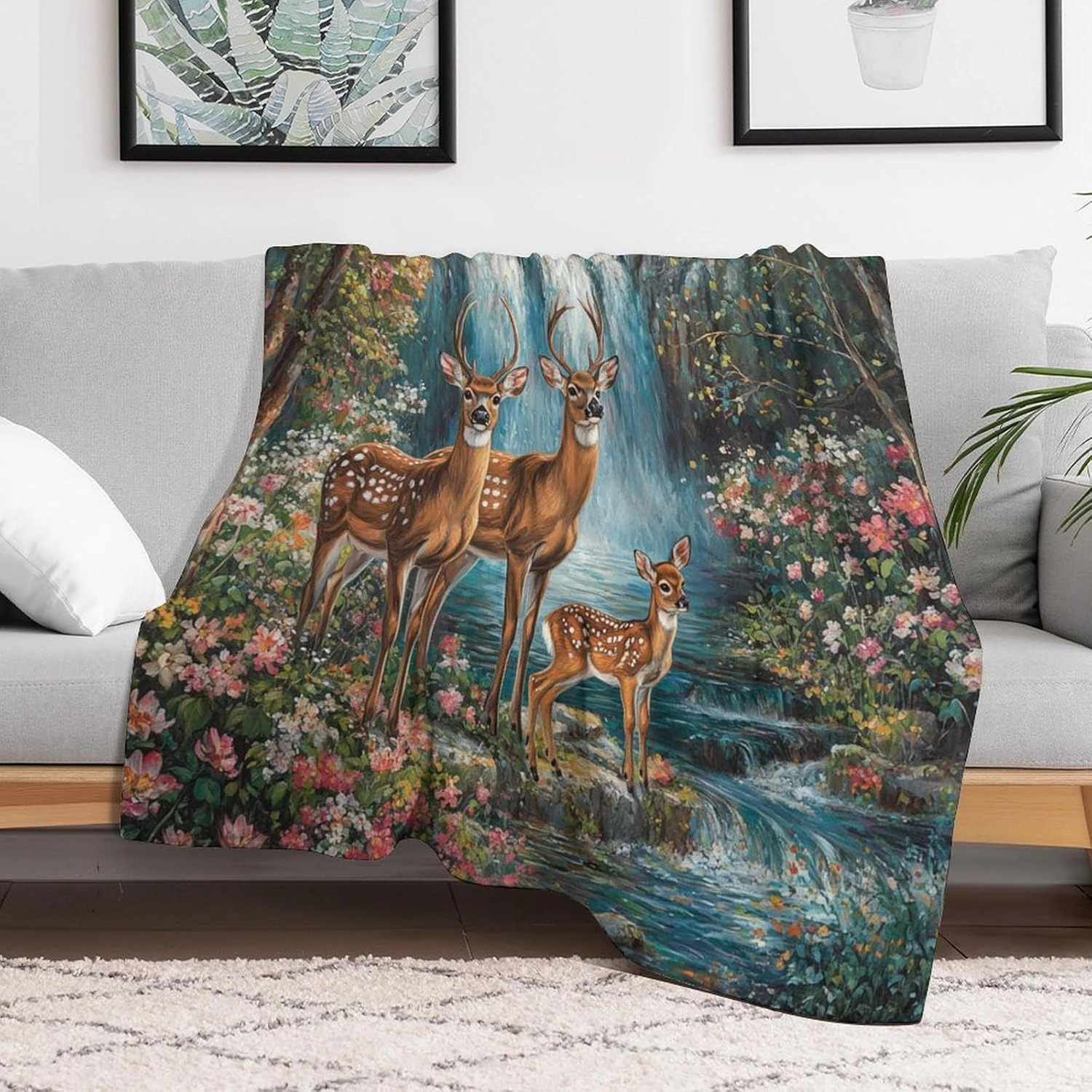 Stream Jungle Deer Flannel Throw Blanket, Soft Cozy Warm Fleece Mountain Waterfall Scenery Blanket for Couch Sofa Bed, 60x80 Inch