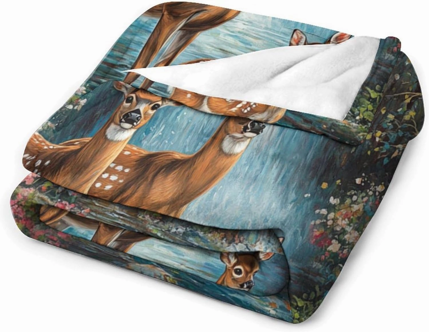 Stream Jungle Deer Flannel Throw Blanket, Soft Cozy Warm Fleece Mountain Waterfall Scenery Blanket for Couch Sofa Bed, 60x80 Inch