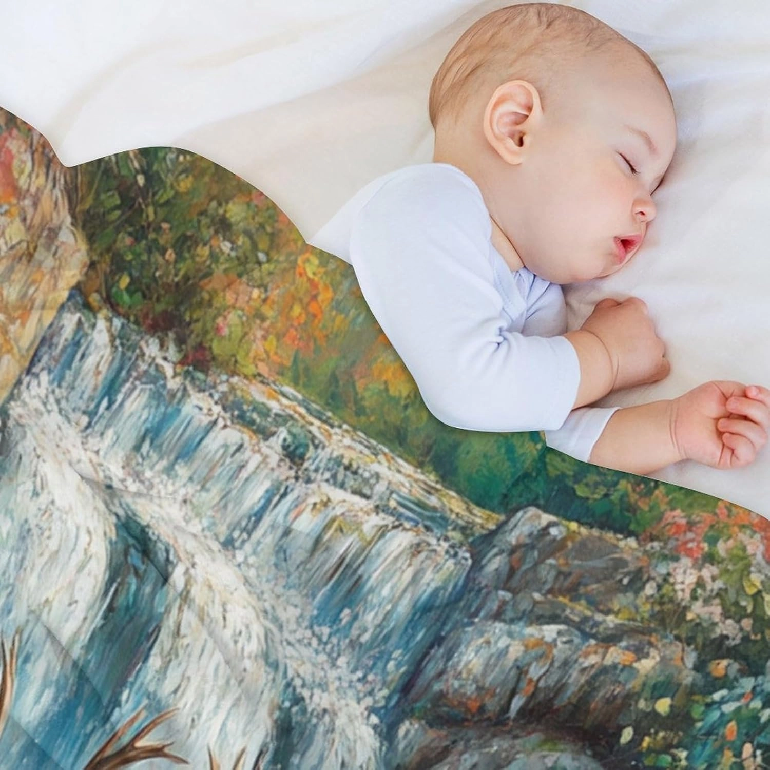 Stream Jungle Deer Flannel Throw Blanket, Soft Cozy Warm Fleece Mountain Waterfall Scenery Blanket for Couch Sofa Bed, 60x80 Inch
