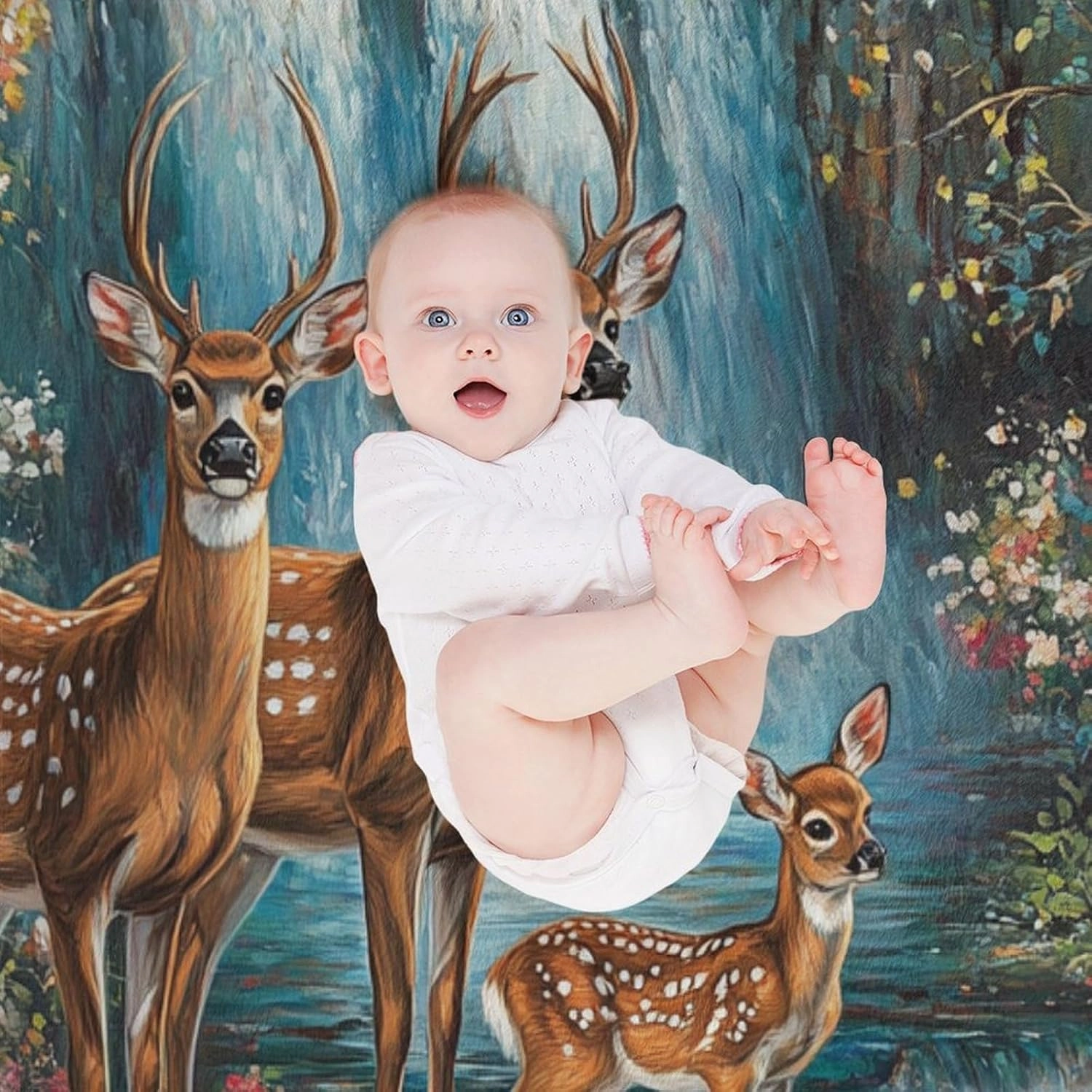 Stream Jungle Deer Flannel Throw Blanket, Soft Cozy Warm Fleece Mountain Waterfall Scenery Blanket for Couch Sofa Bed, 60x80 Inch