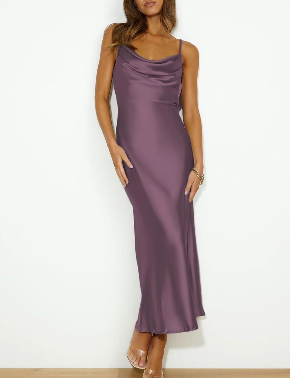 Summer Satin Spaghetti Strap Cowl Neck Backless Midi Dresses for Women Elegant Tie Low Back Ruched Cocktail Dress