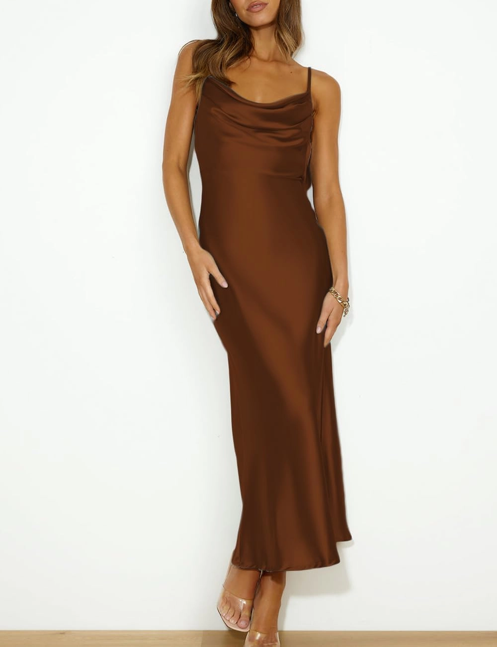 Summer Satin Spaghetti Strap Cowl Neck Backless Midi Dresses for Women Elegant Tie Low Back Ruched Cocktail Dress