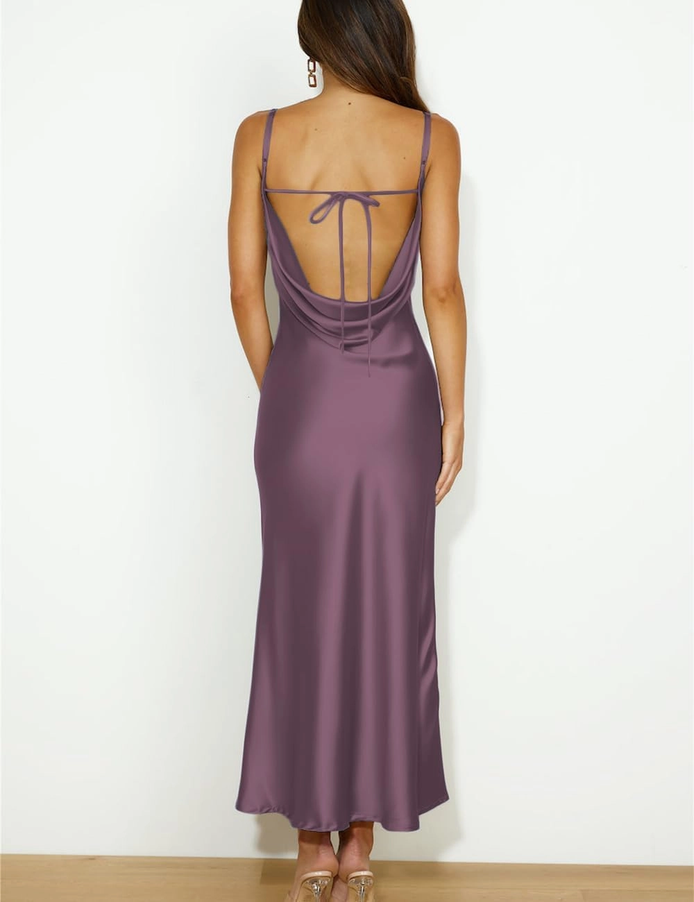 Summer Satin Spaghetti Strap Cowl Neck Backless Midi Dresses for Women Elegant Tie Low Back Ruched Cocktail Dress