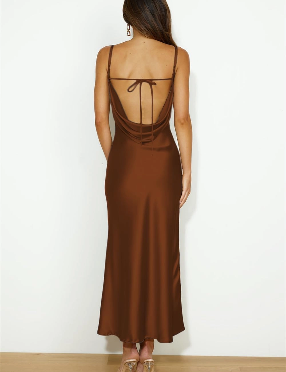 Summer Satin Spaghetti Strap Cowl Neck Backless Midi Dresses for Women Elegant Tie Low Back Ruched Cocktail Dress