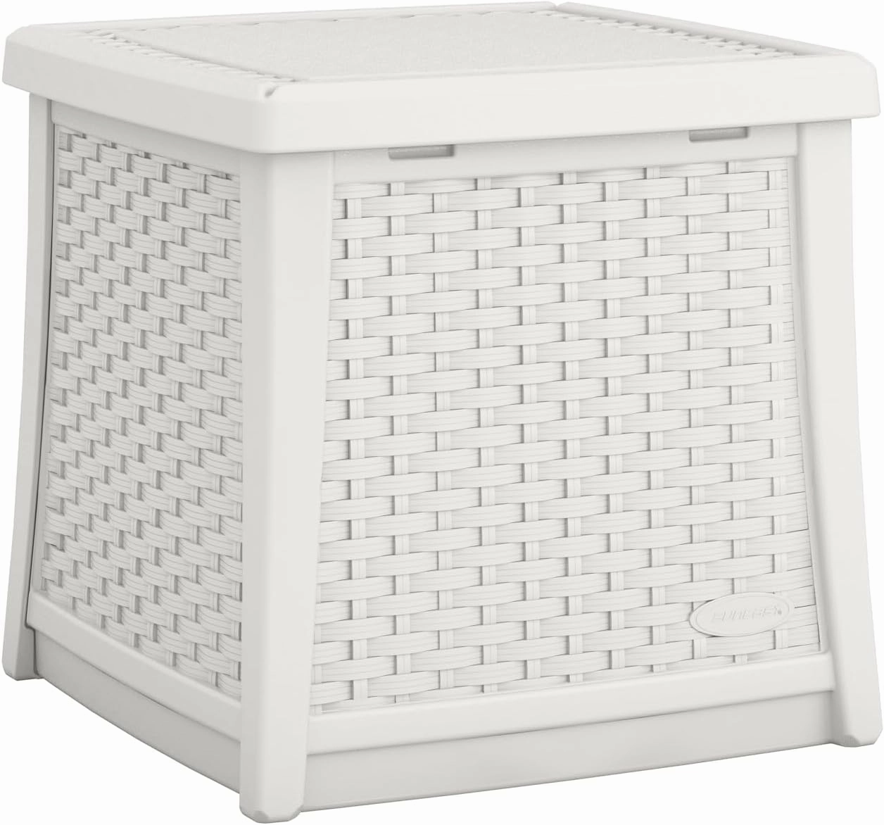 Suncast Elements Outdoor Resin End Table with 13-Gal. Storage Area, Modern Storage End Table for Patios, 18.75" W x 18.75" D x 18" H, Ice Cube
