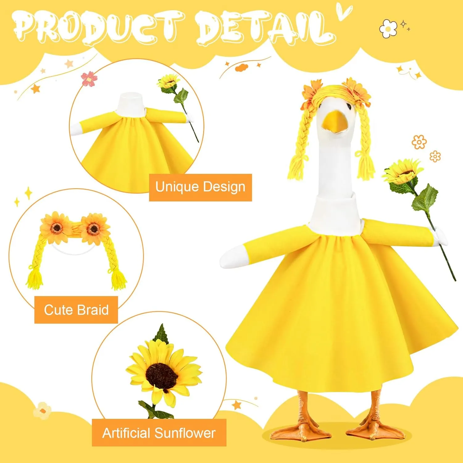 Sunflower Porch Goose Outfits Cute and Fun Porch Goose Clothes Fit 23” Geese for Lawn Yard and Patio Decoration