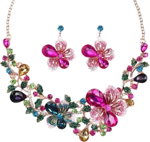 Sunvy Noble Diamond Crystal Flower Chain Choker Collar Necklace Earrings Set