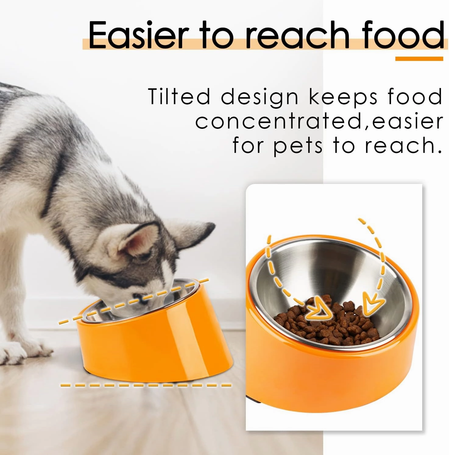 SuperDesign Mess Free 15° Slanted Bowl for Dogs and Cats, Tilted Angle Bulldog Bowl Dog Feeder, Non-Skid & Non-Spill, Easier to Reach Food S/0.5 Cup Bright Orange